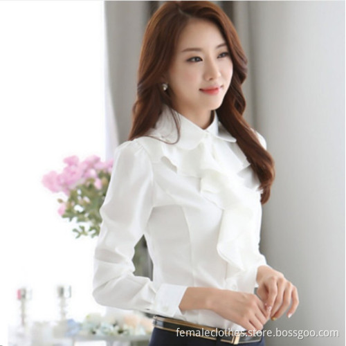 Hitz Koreaanse vrouwen OL carrière met lange mouwen wit shirt met volants chiffon shirt dieptepunt overhemd